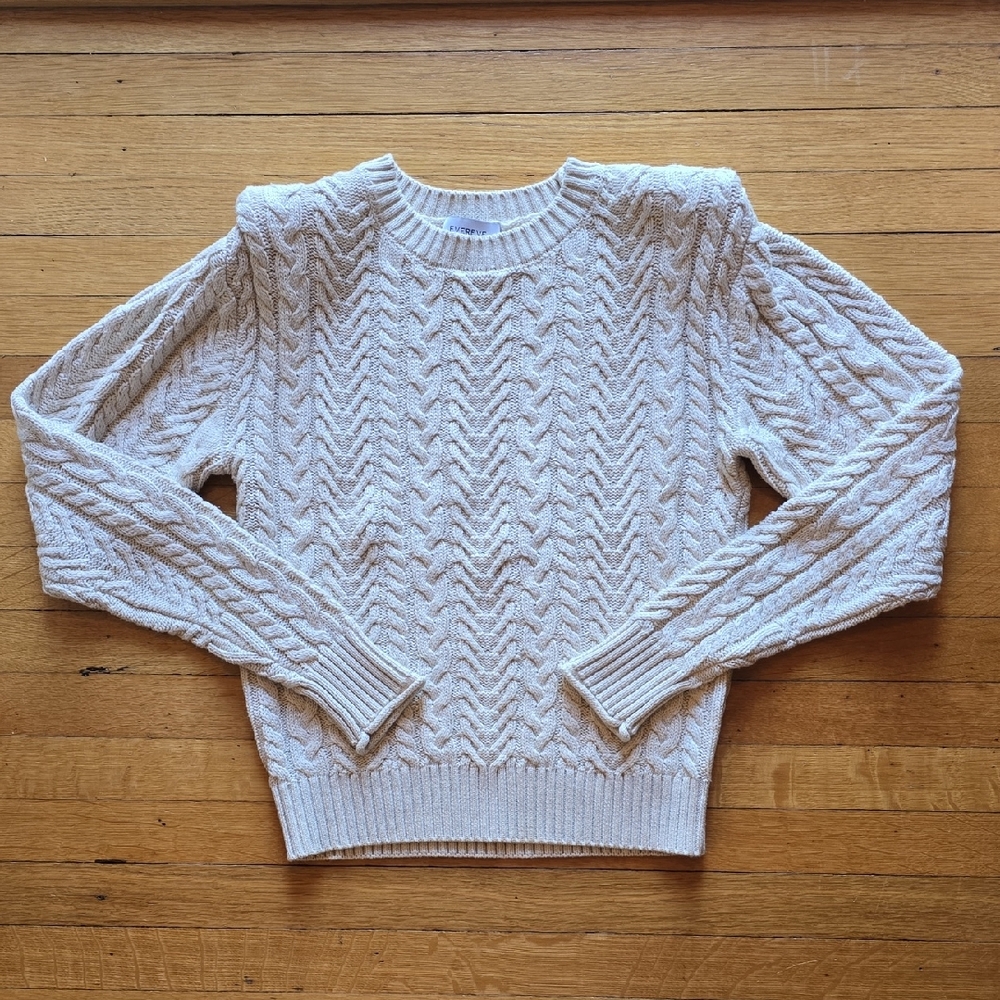 Evereve Alexis Strong Shoulder Cable Pullover Sweater, Cream, EUC, Women's XS